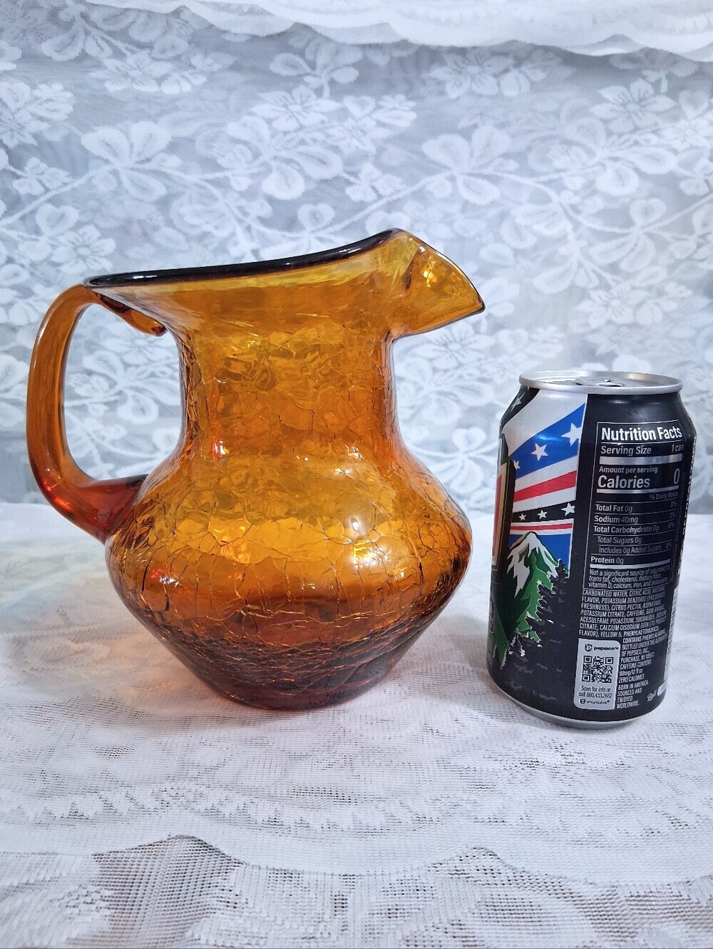 Vintage Mid-Century Amber Art Glass Pitcher Crackle Finish Medium Size MCM - Picture 15 of 16